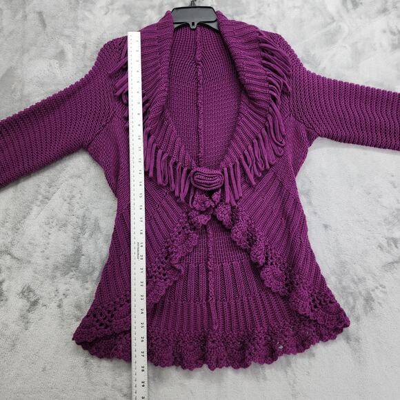 Effortless Style by Citiknits Sweater Womens L Purple Chunky Knit Fringe Trimmed - Picture 7 of 8